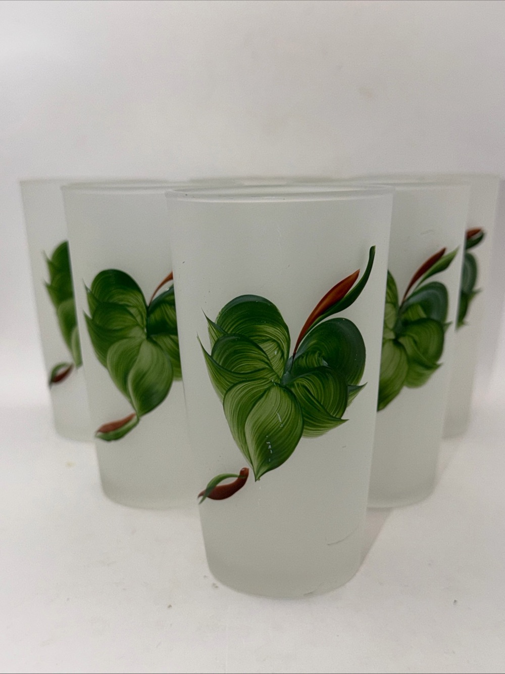 Set Of 6 Frosted Glasses Hand Painted Ivy Juice 12 oz Vintage Gay Fad MCM 5”